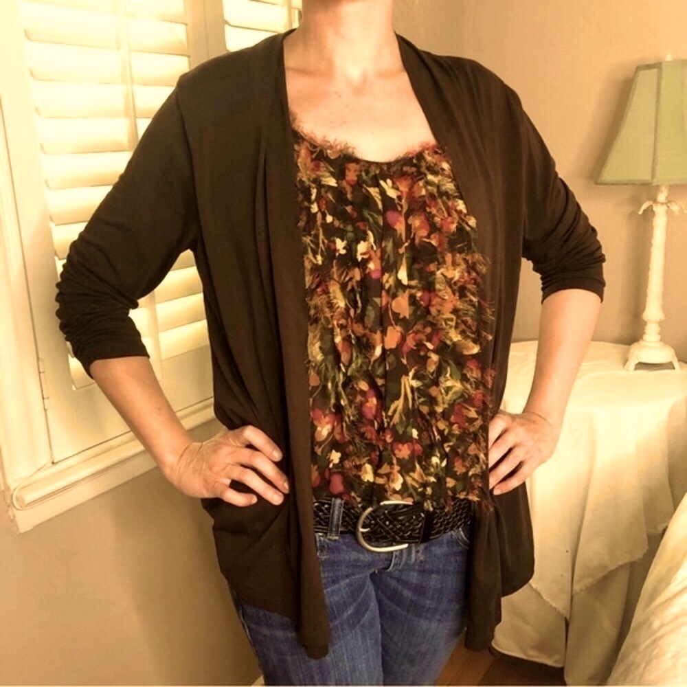 4 LEFT S-XL 2 in 1 Mocha Cardigan & Top Boho Chic Floral Earth Tones